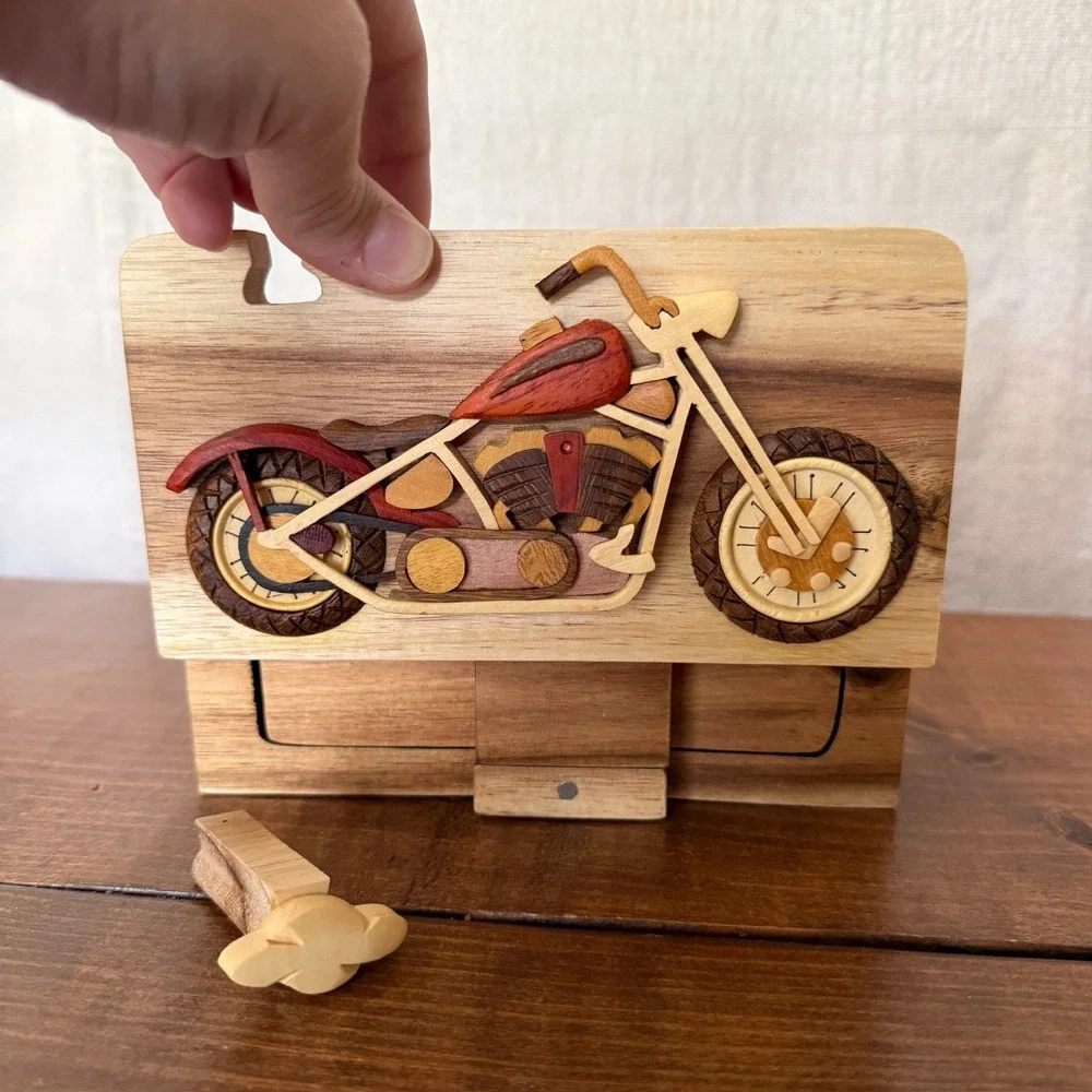 RARE Carver Dan's Hand Carved Harley Davidson Motorcycle Puzzle Trinket Box